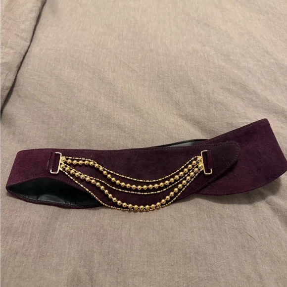 70s Parisian Christian Dior Elegant Purple Suede Belt with Gold Chain Accents - Picture 1 of 4